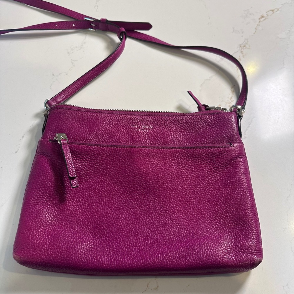 Kate Spade Magenta Pebbled Leather Crossbody Bag Silver Hardware Zip Pocket